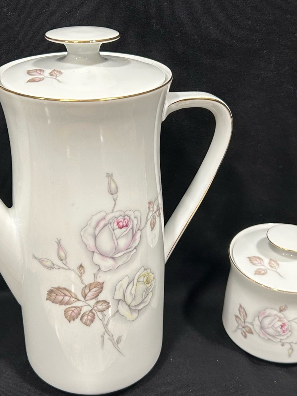 Sweetheart Rose pattern Coffee Pot and Sugar Jar - White with Pink Floral